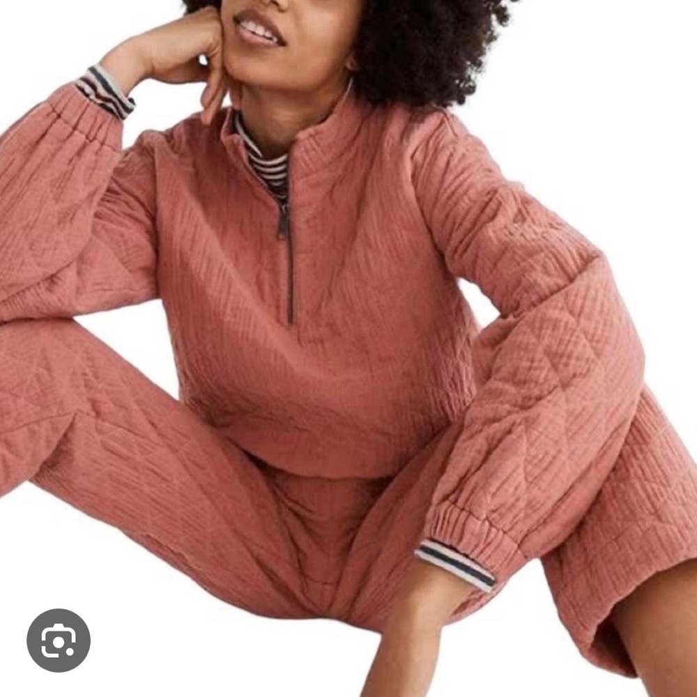 Madewell Quilted Jacket / “Diamond Jaquard Half-Zip Pullover” in rose pink